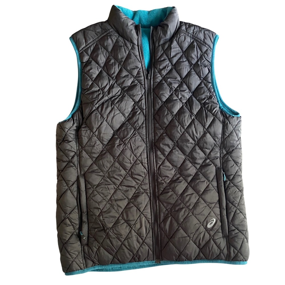 Asics Vest Women's Quilted‎ Sleeveless Black Teal Fleece Lined Athletic